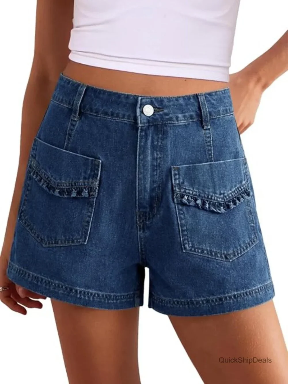 High Waisted Baggy Wide Leg Denim Shorts with Ruffle Front Pockets